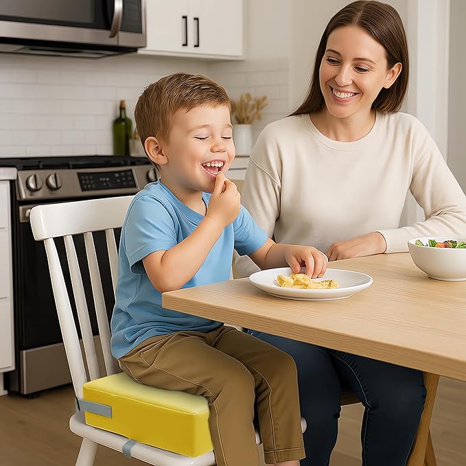 Toddler Booster Seat for Dining Table, 2 Elastic Seat Belts, Anti Scratch PU Skin-Friendly, Waterproof, Anti-Wrinkle, Detachable Non-Slip Bottom - Yellow