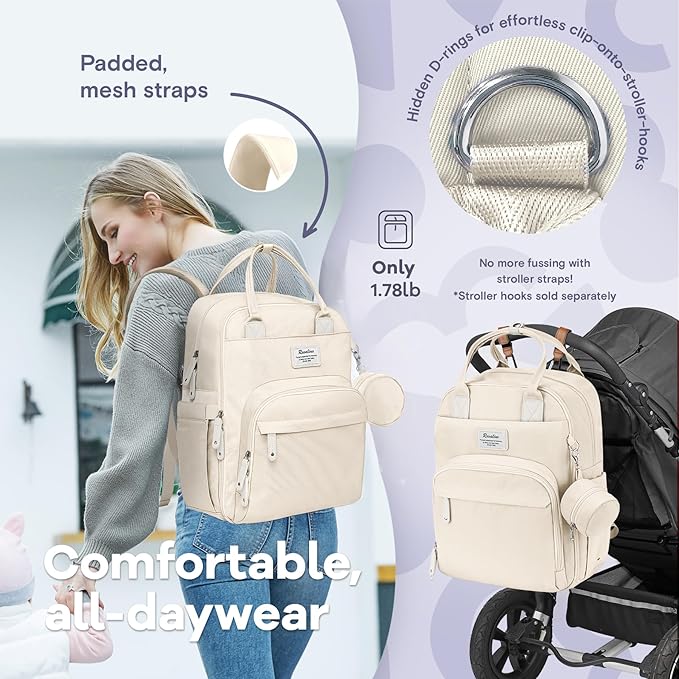 RUVALINO Diaper Bag Backpack-Multifunction Baby Travel Bag with Changing pad, Insulated Bottle Holders & Pacifier Case, Large Capacity, Waterproof, Beige