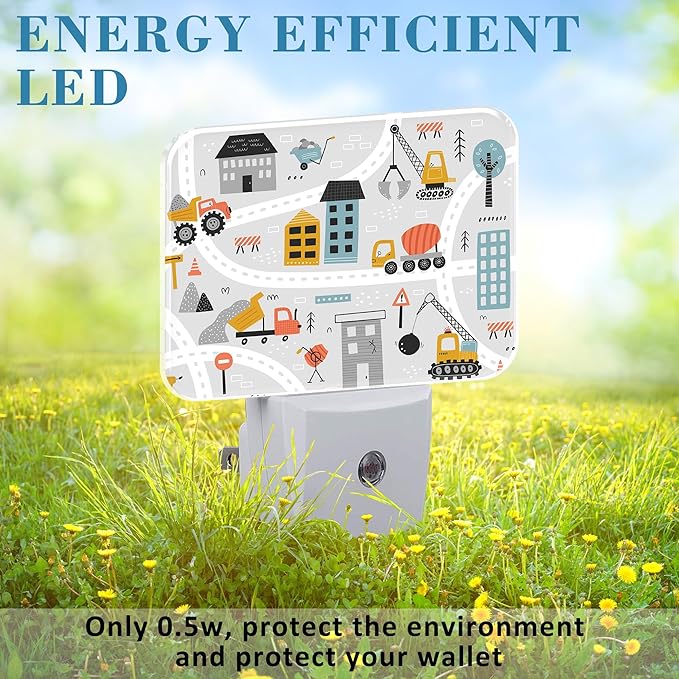 Cartoon Construction Vehicle Night Light for Kids Girls Boys, Building Scene LED Night Light Plug into Wall with Dusk to Dawn Sensor for Bedroom, Hallway, Kitchen, Bathroom, Stairs Decor