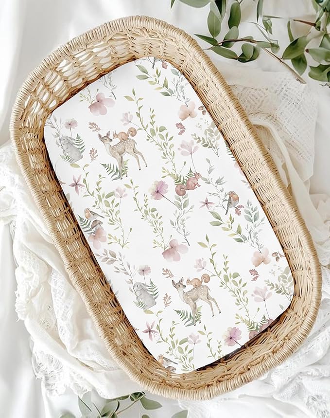 Bassinet Sheets for Baby Girls Boys 2 Pack, Fitted Baby Mattress Sheet for Rectangle, Oval, Hourglass Bassinet Mattress, Breathable Cozy & Universal Fit (Floral Fawn)