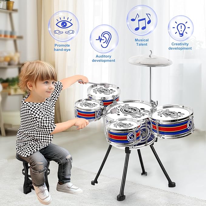 Kids Drum Set, 8 PCS Drum Set for Toddlers 1-3, Kids Jazz Drums Ages 5-7 Musical Instruments Toys for Beginner Boys Girls Gifts -Blue