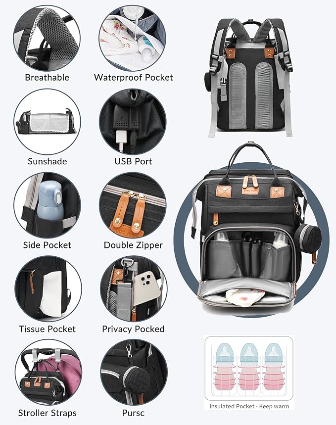 Baby Diaper Bags with Changing Station, Waterproof Diaper Bag Backpack for Moms Dads with USB Charging Port, Baby Shower Gifts, Large Capacity diaper backpack, Black
