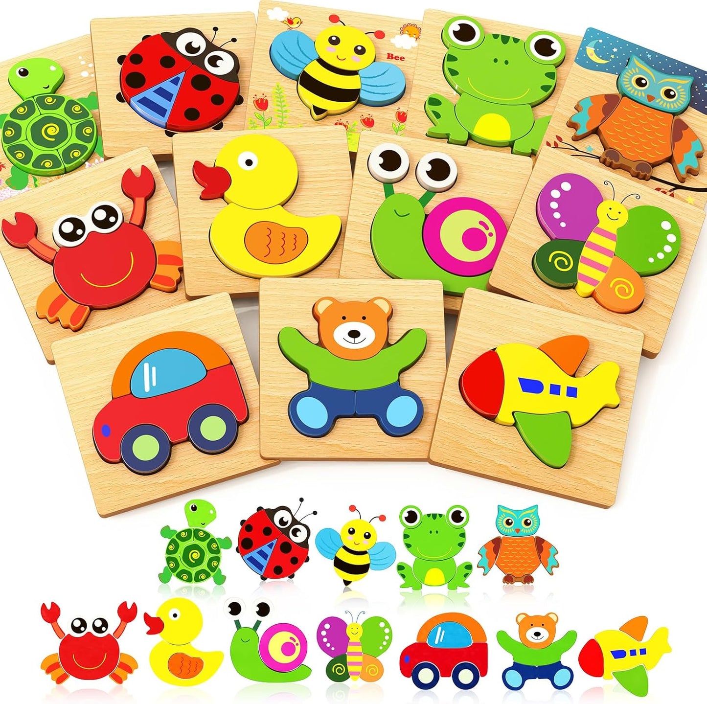 Bekayshad Wooden Puzzles Toddler Toys Gifts for 1 2 3 Year Old Boys Girls, 12 Pack Animal Jigsaw Puzzles Montessori Toys, Learning Educational Birthday Gifts for Girls Boys Ages 1-3