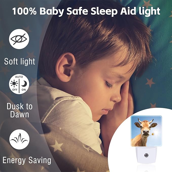 Cow Bite A Flower Night Light Plug into Wall, Cute Animal Floral Dusk to Dawn Night Light, 0.5w Energy Saving Sleep Friendly Nightlights for Kids Boys Girls Home Decor