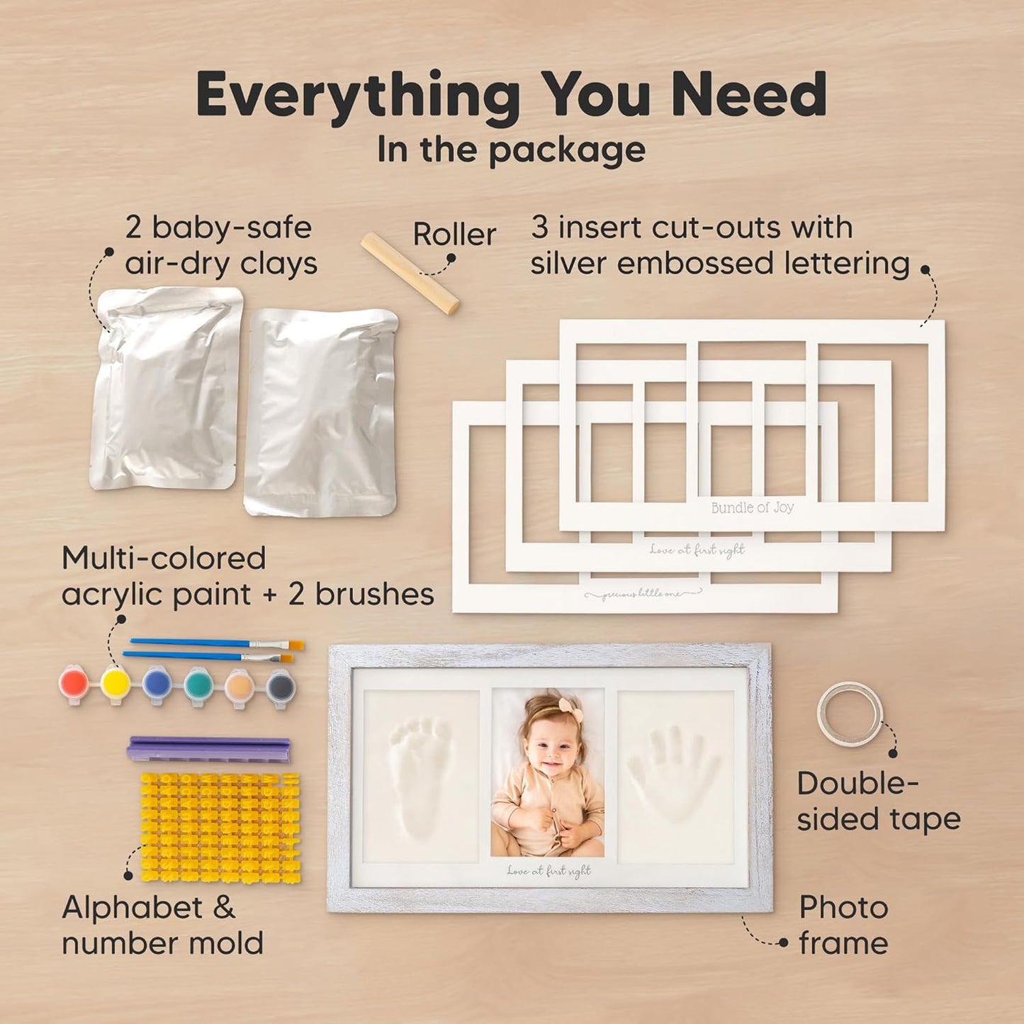 Baby Hand and Footprint Kit - Clay Handprint Keepsake Frame, Newborn Nursery Picture Frame, Personalized New Mom Gifts for Baby Shower & Registry (Vintage Gray)