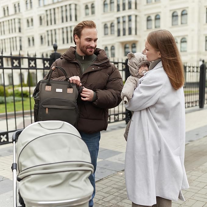 Diaper Bag Backpack, Multifunction Diaper Bag with Changing Station, Stylish Baby Bags, Large Unisex Diaper Backpack for Mom and Dad, Baby Registry Search, Portable Changing Pad – Black Brown