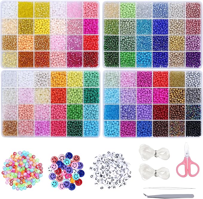 EFIVS ARTS Seed Beads 96 Colors 4MM Small Beads Kit Tiny Bracelet Waist Beads Set with Pendant Charms Letter Beads Kit for Concert Bracelets DIY Making