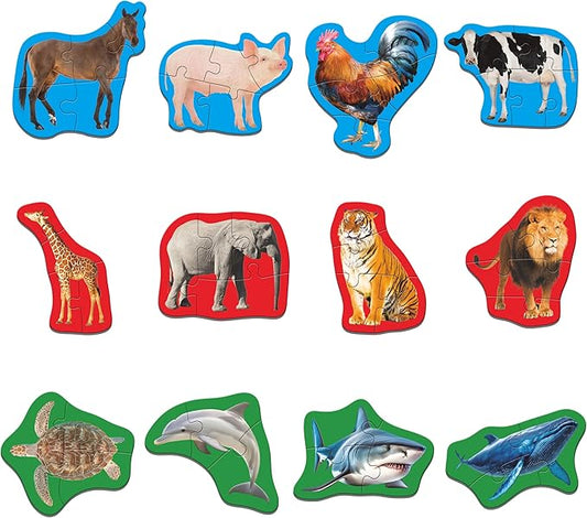 12 Pack Animal Puzzles, 48 Pieces Step-by-Step Farm/Marine/Safari Animal Jigsaws, Realistic Animal Jigsaw Puzzles with Name Guide Early Learning for Beginner Preschool Toddlers 3+ Years Old