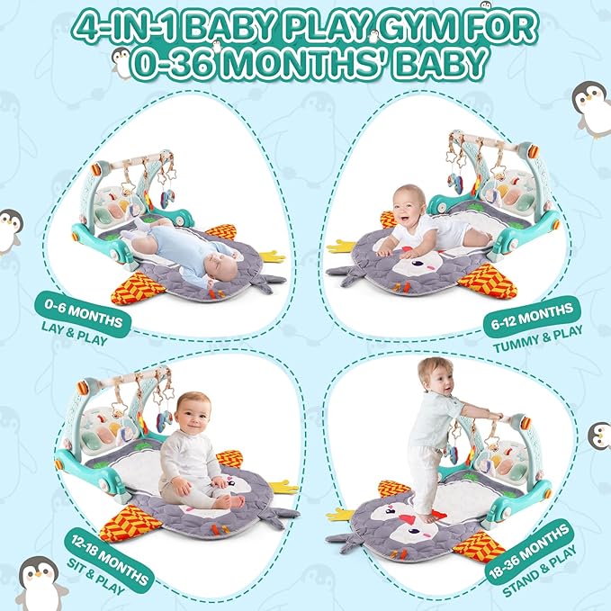 deAO Baby Play Mat Gym Tummy Time Mat Infant Play Center and Baby Activity Mat Baby Learning Walker Detachable Play Piano and Rattles, Baby Gifts for Babies 0-12+ Months, Penguin