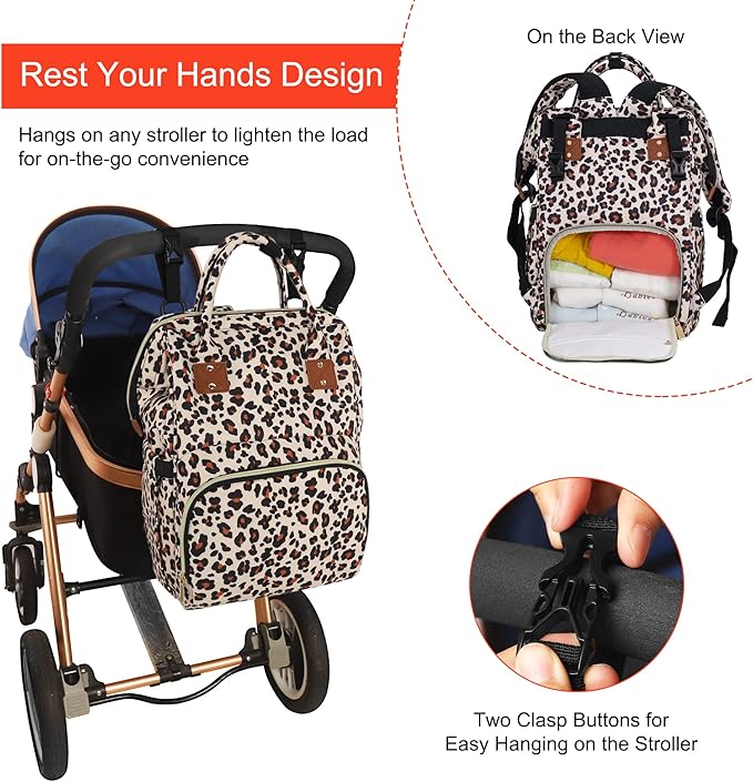 Diaper Bag Backpack Multi-Function Baby Bag With Large Capacity and Insulated Pockets Diaper Backpack Organizer Bag for Mom/Dad, Leopard