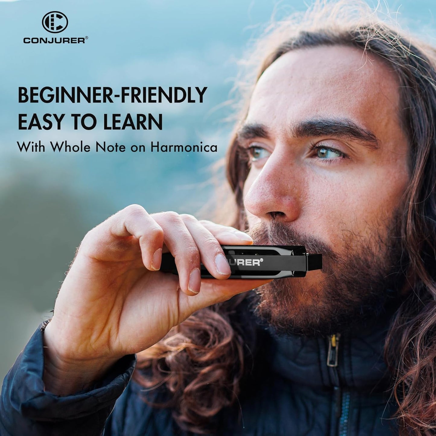 CONJURER Blues Harmonica for Beginners & Kids, 10 Hole C Key Diatonic Blues Harp with Stainless Steel Cover & Phosphor Bronze Reeds, Professional Grade for Adults, Students, Gifts (Black C)