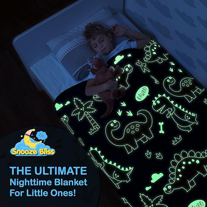Glow in The Dark Dinosaur Blanket for Boys –Soft Plush Blue Fleece Throw Blanket. Great Dinosaur Gifts for Kids, Grandkids, Baby, Toddler, Birthday, Christmas! 8+ Hour Glow. (50”X60”)