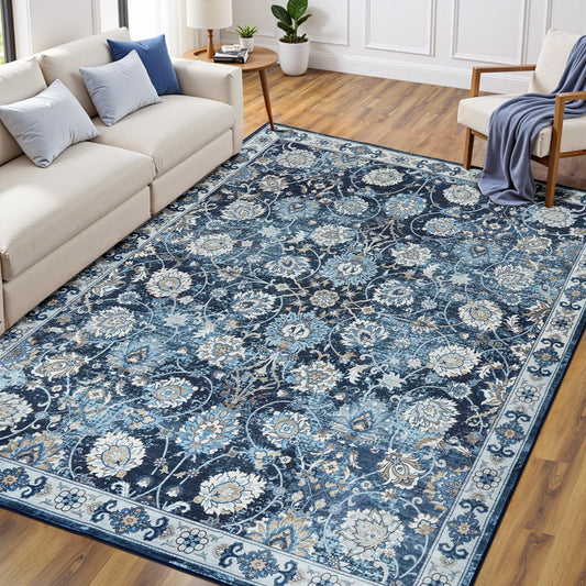 6x9 Area Rug for Living Room & Bedroom, Washable Non-Slip Vintage Rugs, Floral Soft Carpet, Low Pile Wool Carpets for Indoor Dining Home Office Playroom Under Table, Modern Decor, Blue Garden