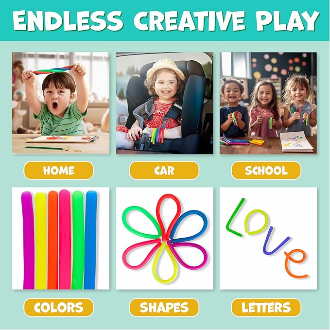 BUNMO Sensory Toys Stretchy Strings for Toddlers 3+ - Stimulating & Addictive Fidget Toys for Kids - Hours of Fun for Kids - Non-Mouthable Toy 3+ - Mini Smooth 12 Pack