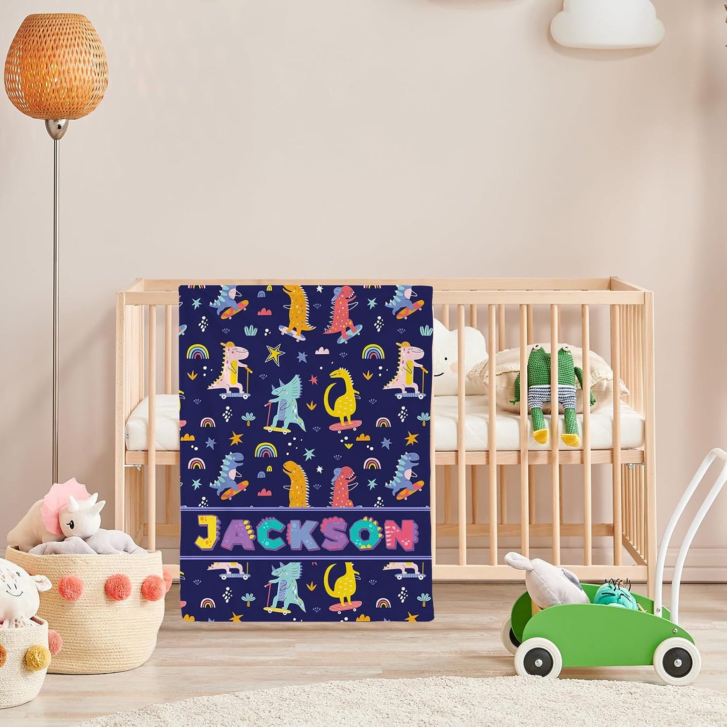 Personalized Dinasour Name Baby Blanket, Custom Cute Alphabet Name Blanket Toddler Boy Soft Flannne Swaddling Blankets Customized Monogram Memorial Gift from Nana for Infant Newborn Shower