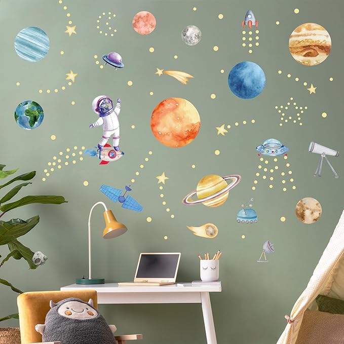 Watercolor Solar System Wall Decals, Glow in The Dark Stars, Kids Planets Sticker for Ceiling, Astronaut Wall Stickers for Bedroom, Green