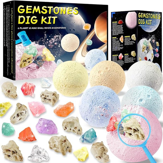 Hiawbon Gemstones Dig Kit, Dig up 6 Planets Find 12 Skulls & 18 Gems Dig Kit, Gem Digging Kit, Planet Space Dig Kit for Christmas Birthday Gifts