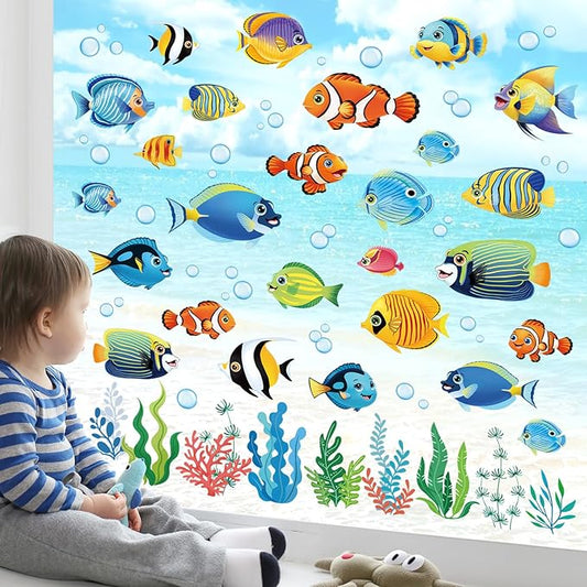decalmile Summer Under The Sea Fish Double Sided Window Clings Ocean Animal Tropical Fish Seaweed Anti-Collision Glass Doors Window Stickers Decals