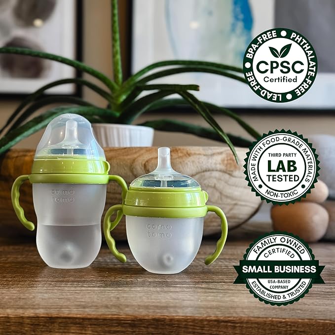 Straw Cup Conversion Kit for Comotomo Baby Bottles 2-Count, Food Grade Silicone Straw Nipples, All Silicone Weighted Straw, Bottle Handles and Cleaning Brush, BPA Free, 6+ Months (Straw Top, Green)