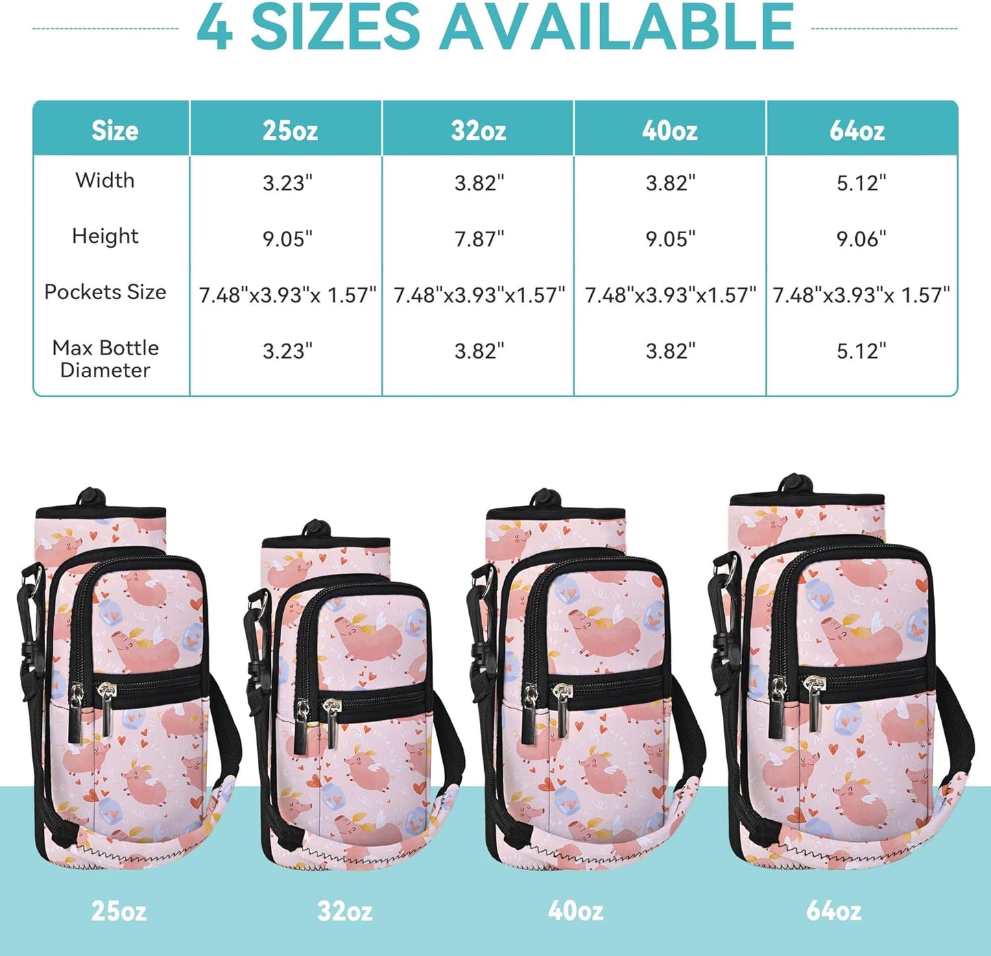 25/32/40/64oz Water Bottle Bag Holder Carrier-Insulated Crossbody Sling Case Sleeve with Strap & Pockets for Men Women Gym Cycling Travel Walking Hiking Camping