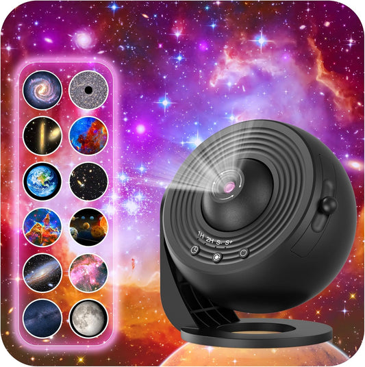 Galaxy Projector for Bedroom, HD Image Star Projector Galaxy Light Adjustable Knob, 13 Film Discs Planetarium Projector for Kids, 360° Rotating 1/2h Timer Simple 3-Button Control