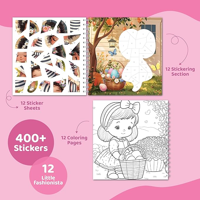 jackinthebox Sticker by Number Book, 12 Scenes Puzzle Paint by Sticker Book + Colouring Pages, Gifts for Birthday, Party Favor Toys for Girls, Arts & Crafts for Kids Age 7 8 9 10 - Little Fashionista