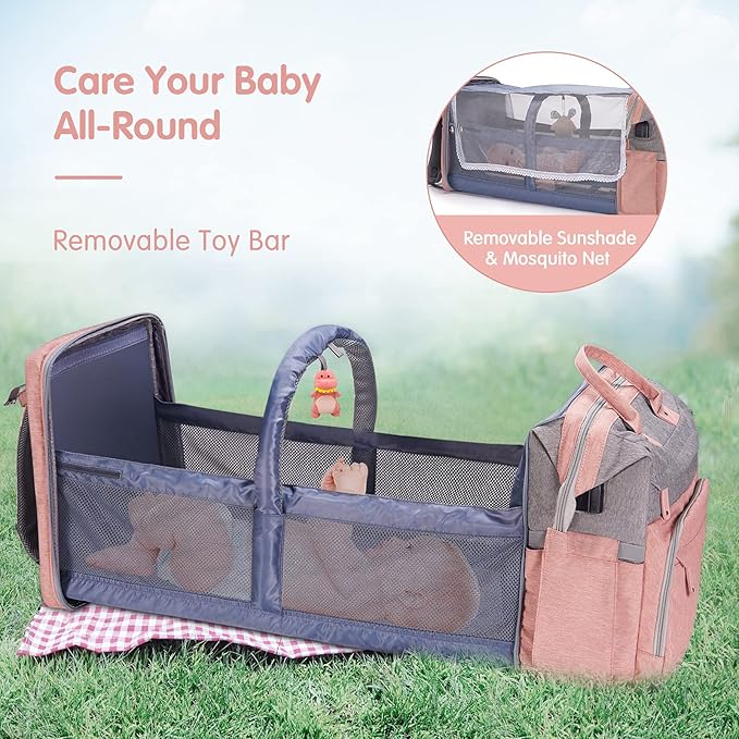 DERJUNSTAR Diaper Bag Backpack – Large Capacity Baby Diaper Bag with Changing Pad, Waterproof Travel Backpack for Boys & Girls, Multi-Function Baby Bag with USB Charging Port, Rose Pink