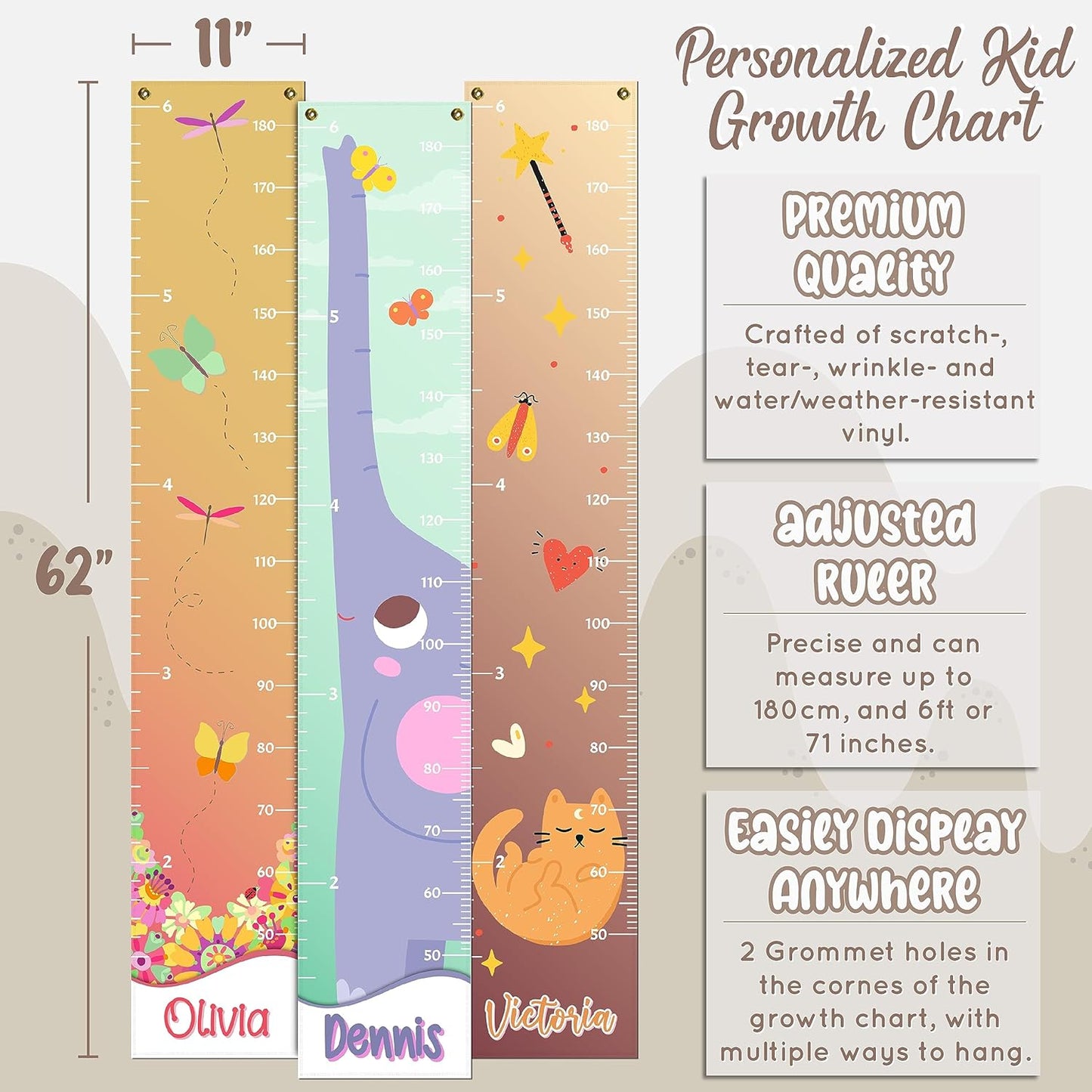 Personalized Kids Growth Chart - 12 Designs, 13oz Vinyl Height Measurement ft. cm, inches Chart for Toddlers - Ruler for Kids