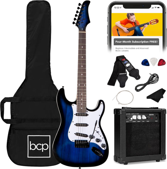 Best Choice Products 39in Full Size Beginner Electric Guitar Starter Kit w/Case, Strap, 10W Amp, Strings, Pick, Tremolo Bar - Hollywood Blue