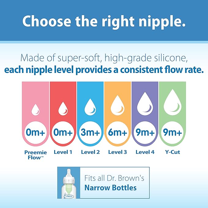 Dr. Brown's Natural Flow Y-Cut Narrow Baby Bottle Silicone Nipple, Ideal for Thicker Liquids, 9m+, 100% Silicone Bottle Nipple, 6 Count