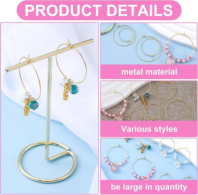 Pndeyo 60pcs Hypoallergenic Earring Beading Hoops, Mix Sizes Round Hoop Earrings Findings, Open Earring Wire Ring Accessories for Jewelry Making- Gold
