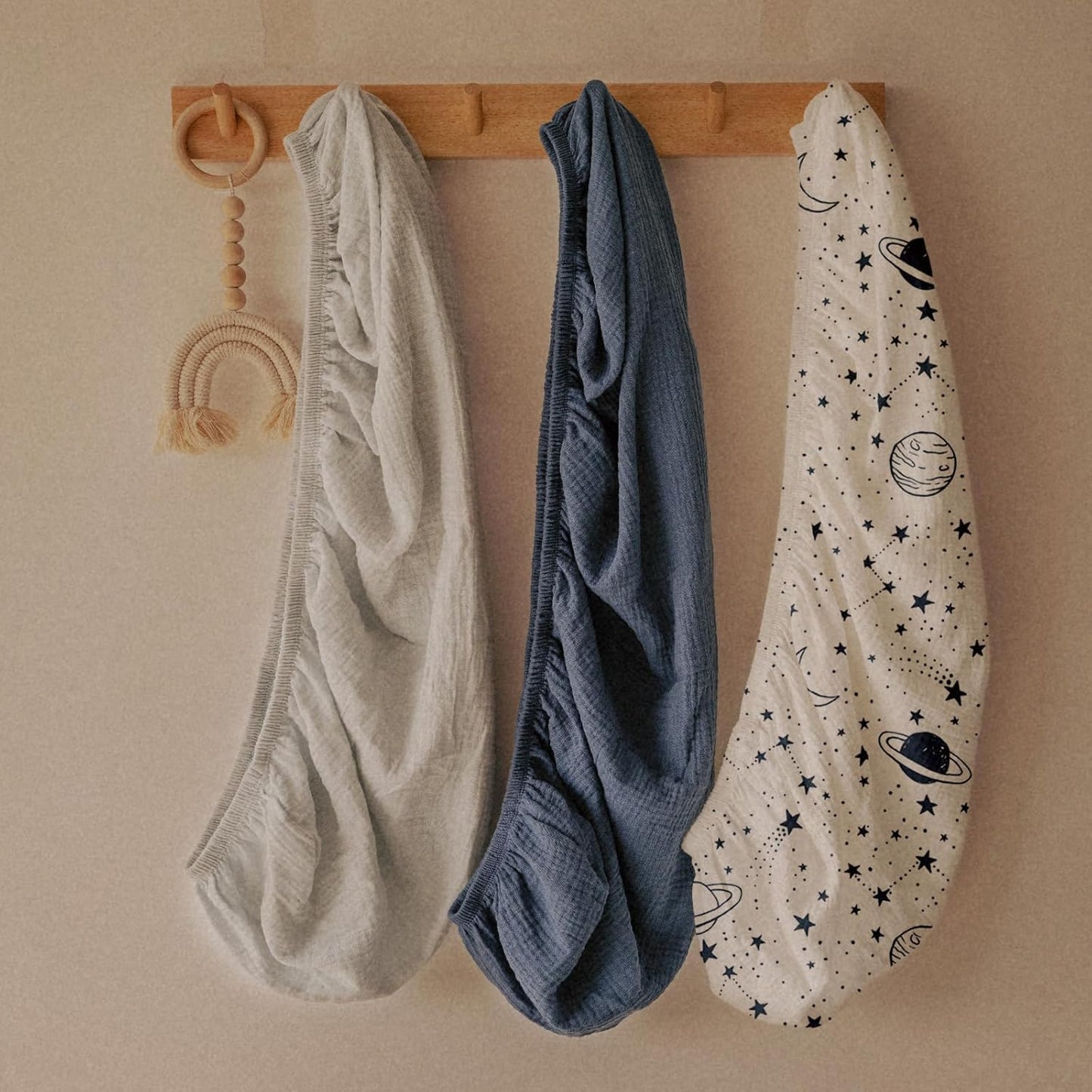 Gllquen Baby Muslin Bassinet Sheets 3 Pack, Breathable Elastic Cozy Fitted Cotton Bassinet Mattress Sheet for Baby Boy Girls, Fit for Hourglass Oval Rectangular Cradle Pad Sheets 33"x17" (Blue)