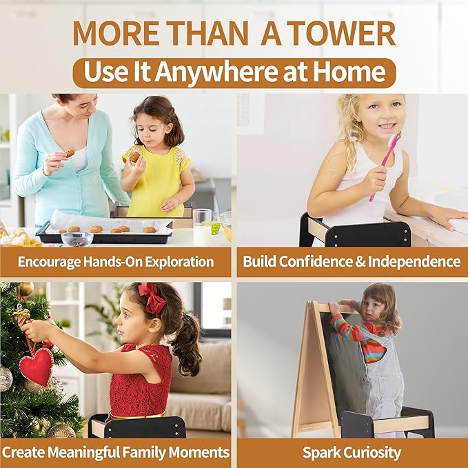 Toddler Kitchen Helper Tower for Ages 1–6 – 3-Level Adjustable Learning Tower, Toddler Standing Tower & Kitchen Stool Helper with Safety Rail, CPC Certified, Black