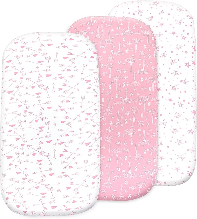 Bassinet Sheets Girl– 3-Pack Soft Fitted Bassinet Sheets, Organic Cotton, Breathable & Cozy, Fits 32x16x4 Inch Rectangle, Oval & Hourglass Mattresses (Pink Stars)