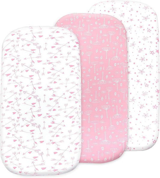 3 Pack Organic Bedside Bassinet Sheets Compatible with Mika Micky, Baby Delight, Dream On Me, AMKE and Other Bassinet Mattress Pads Size Between 17-21 in Width, 29-33 in Length, and 1.5-4 in Thick