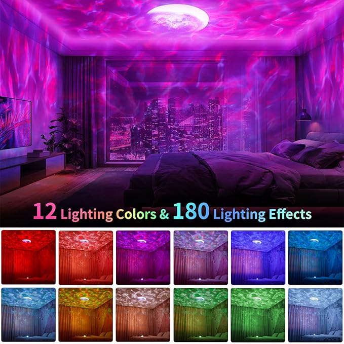 Moredig Galaxy Projector for Bedroom, 12 Colors LED Night Light Projector with Moon, Brightness and Fluctuation Speed Adjustment for Nursery, Parties, Home Decor, Home Theater
