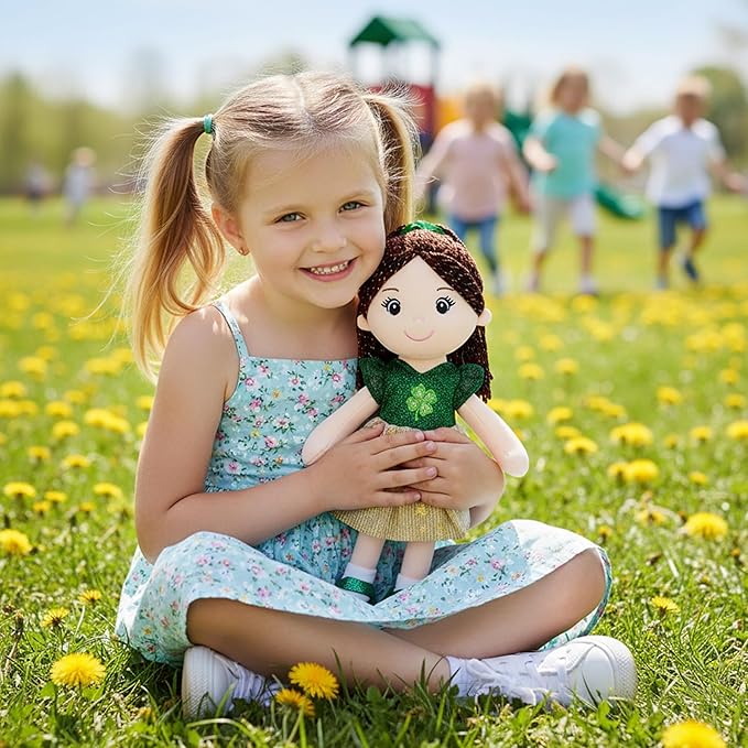 June Garden 14" Snuggle Cuties Clover Sophie - Saint Patrick's Day Soft Plush Doll - Huggable Irish Themed Rag Doll for Girls - Green Outfit
