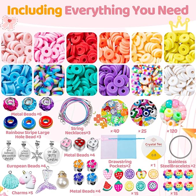 Charm Bracelet Making Kit - 2400+ Pcs Jewelry Making Kit with Clay Beads, Letter Beads, Smiley Face, Evil Eye, Fruit Charms, Unicorn Mermaid Pendants & Charm-Style Beads for DIY Bracelets & Necklaces