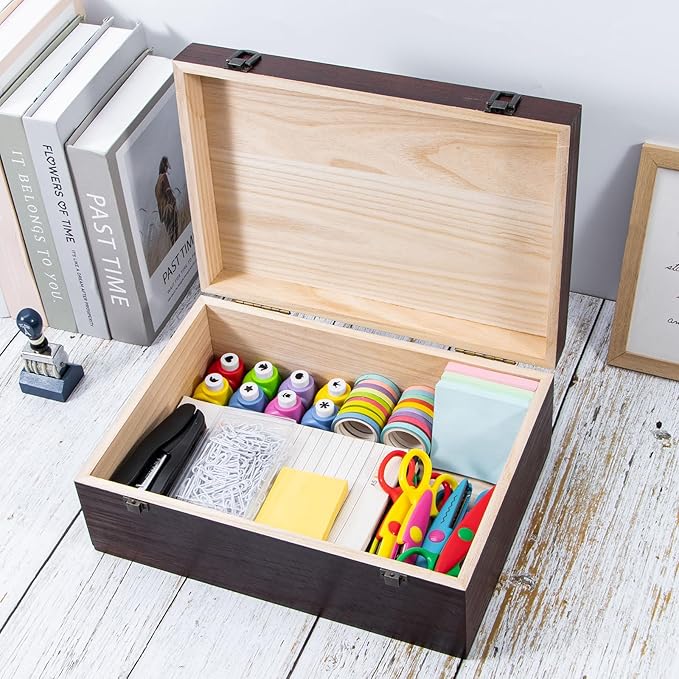 Wooden Storage Box with Hinged Lid and Front Clasp, Large Wood Storage Box, Wood Boxes Gift Boxes for Crafts Art Hobbies and Valentine's Day Decoration - 12.2''x8.6''x4.7'',Vintage Color