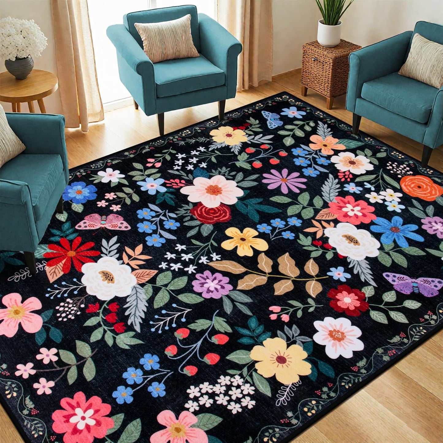 6x9 Area Rugs for Living Room: Floral Washable Rug Vintage Large Soft Boho Non-Slip Carpet Indoor Floor Stain Resistant Thin Carpets for Bedroom Dining Room Farmhouse Nursery Hallway Home Office Black
