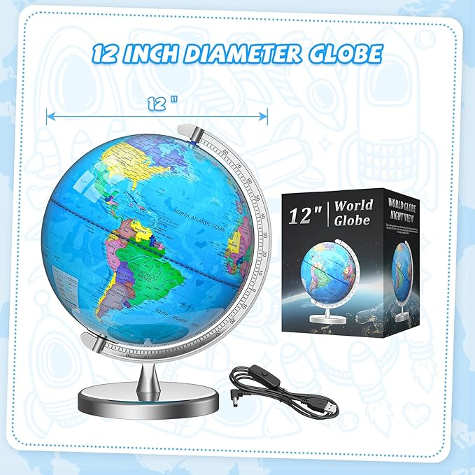 12" Illuminated World Globe for Children & Adults, Globe Lamp with World Map for Kids, Stable Heavy Metal Base, Interactive STEM Learning Gift & Night Light