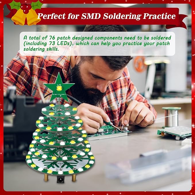 Christmas Tree Soldering Projects, PEMENOL DIY X-mas Tree SMD Soldering Practice Kit, 73 Pcs WS2812B RGB LEDs with 6 Types of Light Effects Music for Christmas Desktop Decoration College