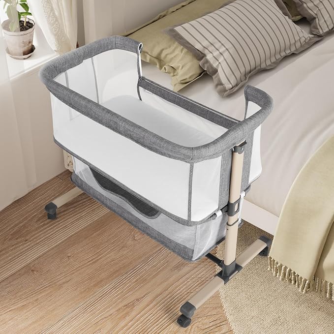 Cowiewie Bassinet Bedside Sleeper, Portable, Breathable, Adjustable Baby Bedside Bassinet for Peaceful Nights, Grey