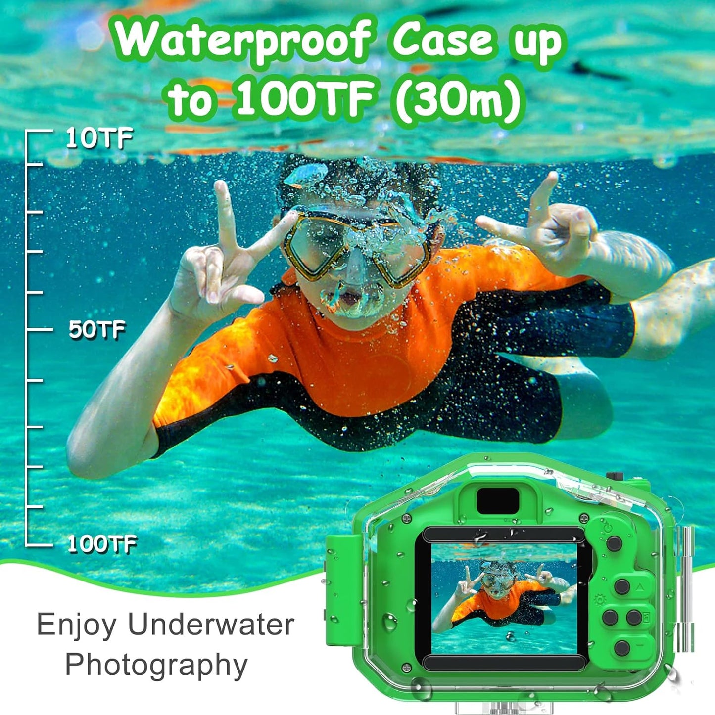 Agoigo Kids Waterproof Camera - Children Underwater HD Video Digital Camcorder, Portable Travel Toy for Toddler - Ideal Christmas Birthday Gifts for Boys Girls Age 3-12 with 32GB Card (Green)