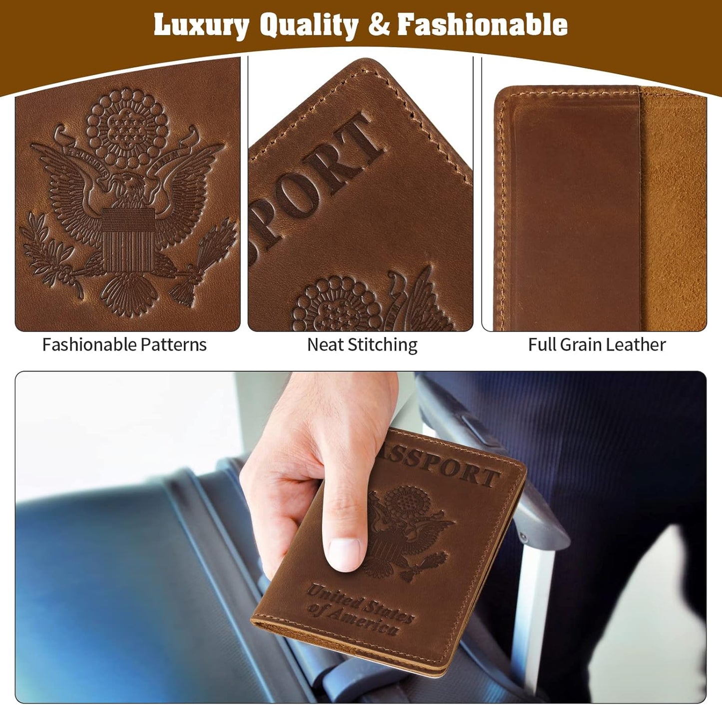 Jack&Chris Leather Passport Holder, Passport Travel Wallet Cover Case for Men Women, Leather Travel Documents Organizer Protector, JC105-Brown