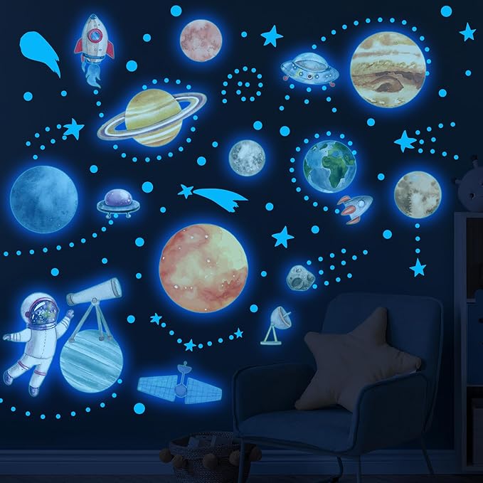 Watercolor Solar System Wall Decals, Glow in The Dark Stars, Kids Planets Sticker for Ceiling, Astronaut Wall Stickers for Bedroom, Blue