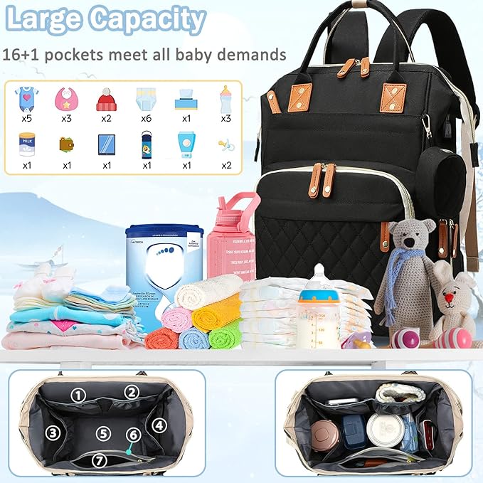 Diaper Bag Backpack Baby Bag, Baby Girl Boy Diaper Bag for Dad Mom with Pad, 16 Pockets, Pacifier Case, Large Diaper Bags Unisex for Travel (Black)