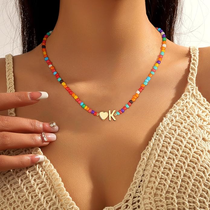 Colorful Initial Necklaces for Girls Women - Beaded Initial Necklace Teen Girl Gifts Trendy Stuff Dainty Bohemian Letter Necklace Personalized Gifts for Girls Women Jewelry