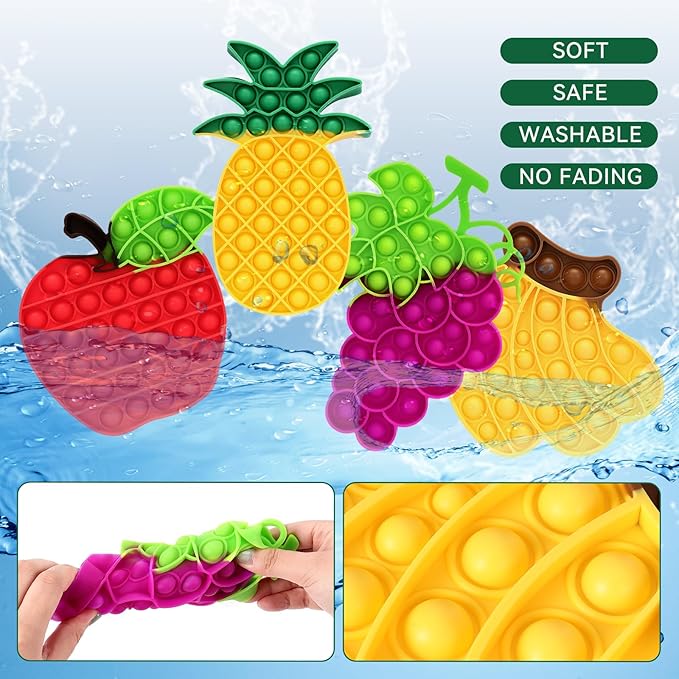 4 PCS Fidget Push Toy for Kids, Fruit Silicone Push Bubble Fidget Sensory Toys, Anxiety Relief Squeeze Toy for Kids Adults Classroom Party Favor - Apple, Banana, Grape, Pineapple