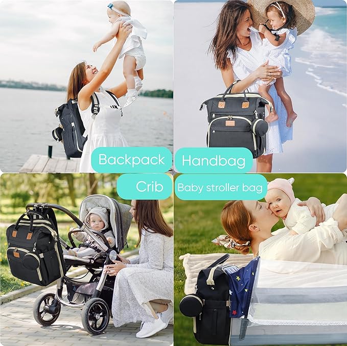 Diaper Bag Backpack for Mom and Dad, Large Capacity Baby Travel Bag with USB Charging Port, Waterproof Foldable Baby Bag for Boys and Girls, Stylish Maternity Backpack for Travel & Hospital，Black